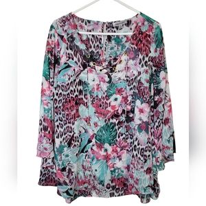 Jennifer Lopez Sheer Floral Animal Print Tunic Blouse Pink Green Size 1X Plus